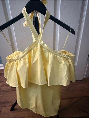 Rebecca Taylor Ruffle Off-Shoulder Halter Top- Yellow